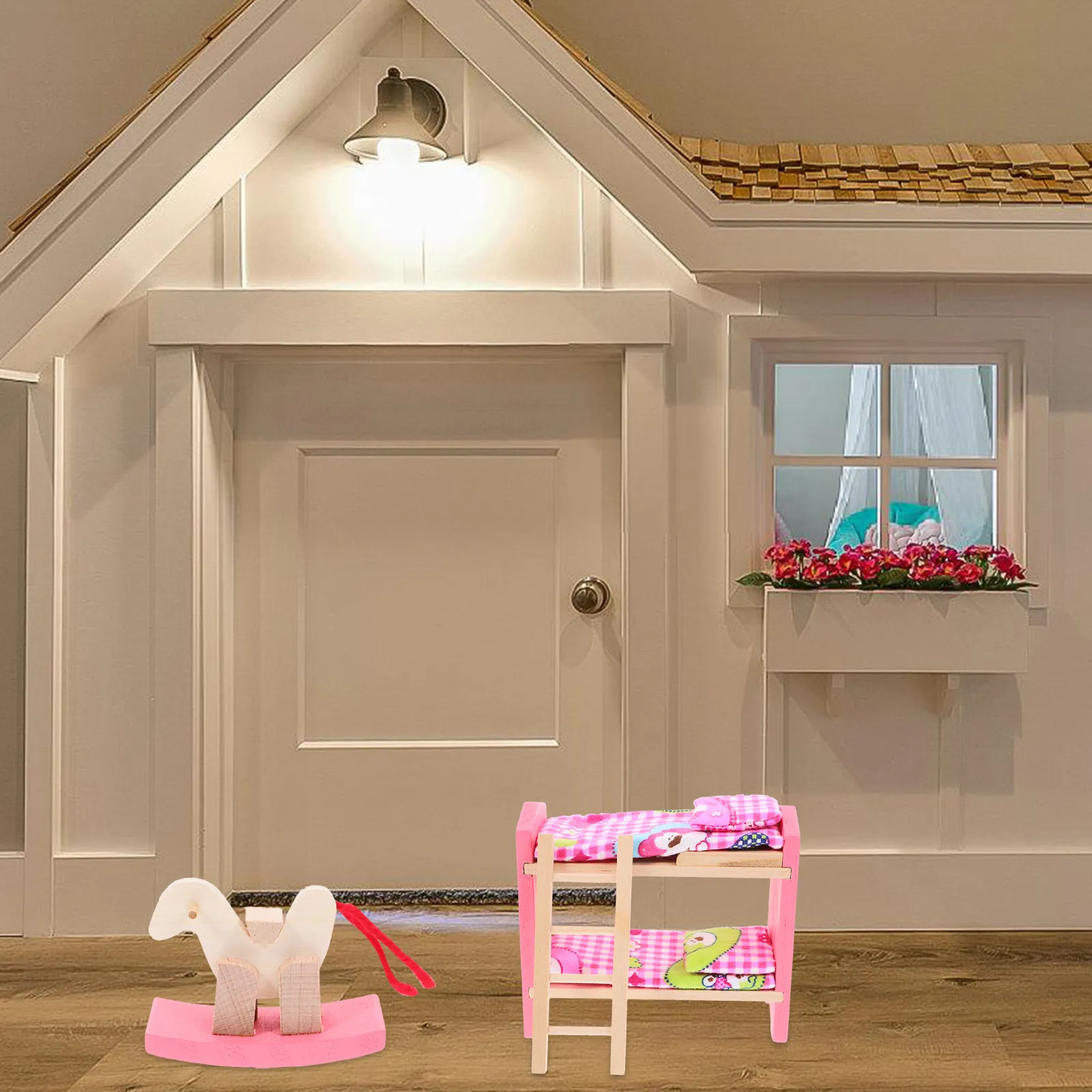 

Mini House Furniture Sets DIY Wooden Kit Bunk Bed Rocking Horse High Chair Rocking Chair Cradle Vivid Colors Kids Room Desktop