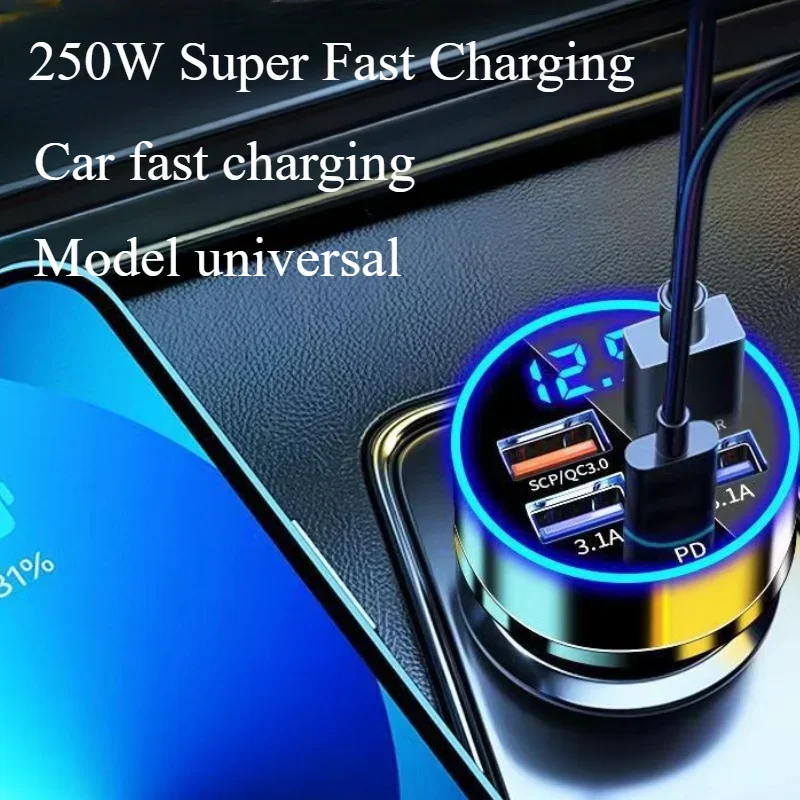 5 Ports LED Car Charger 250W Fast Charging Adapter Type C PD Mini Car Phone Charger For iphone Samsung Huawei Xiaomi