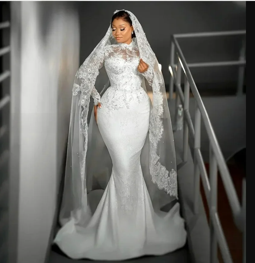 Customized Vintage Appliques Beads Mermaid Wedding Dress Sweep Train Robes De Mariée High Collar Long Sleeves Bridal Gown