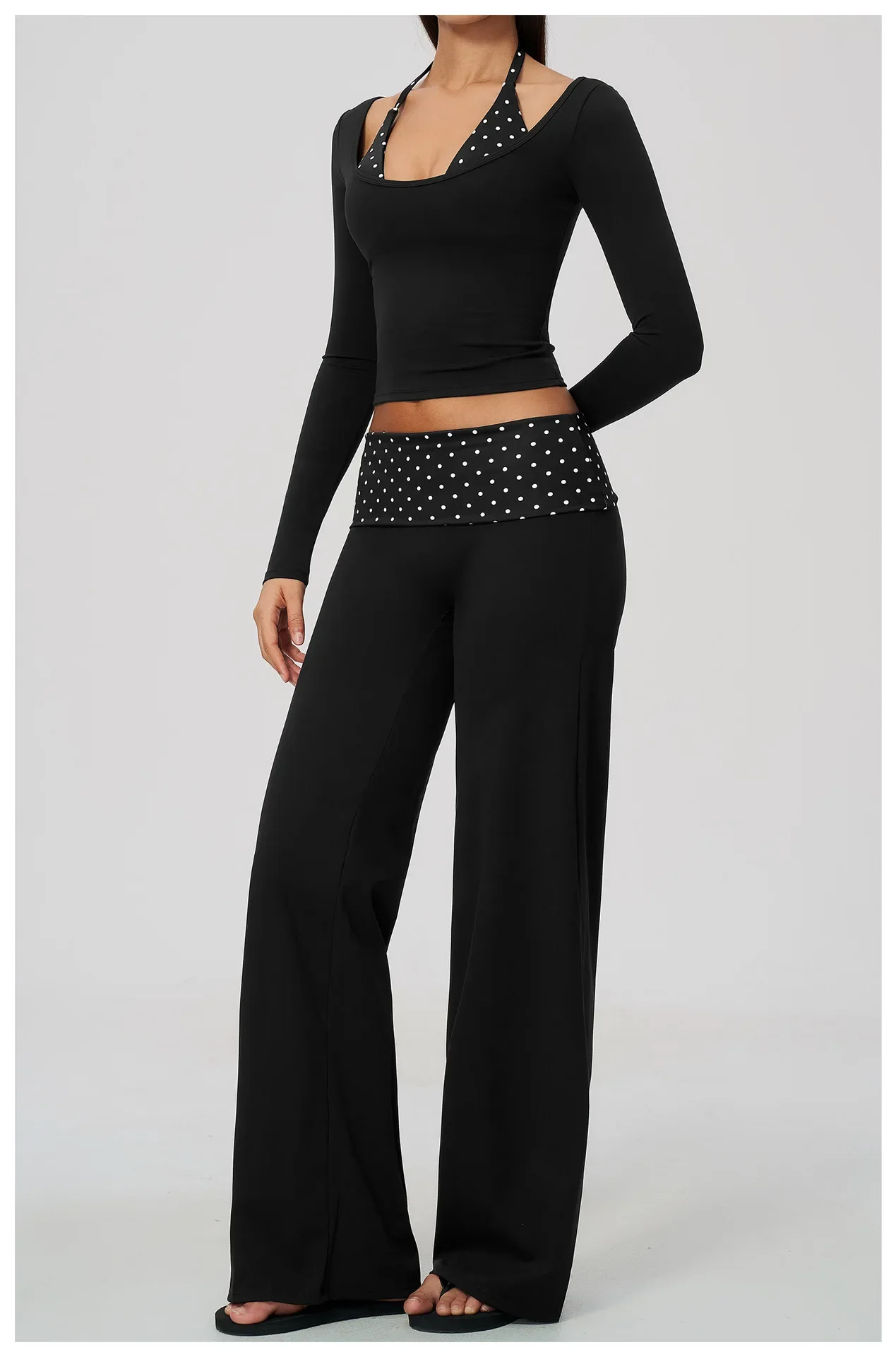 Damen 2-teiliges Yoga-Outfit, Langarm-Oberteil mit schmaler Passform, gestreifte, weit geschnittene Flare-Hose, Activewear-Set für Fitnessstudio, Training und Fitness – Detail 6