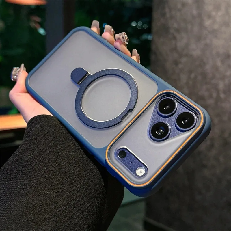 Magnetische, matte, transparente Metall-Handyhülle mit Ständer und Ringhalterung für iPhone 17, 16, 15, 14, 13, 12 Pro Max, Air 14, 15, 16 Plus