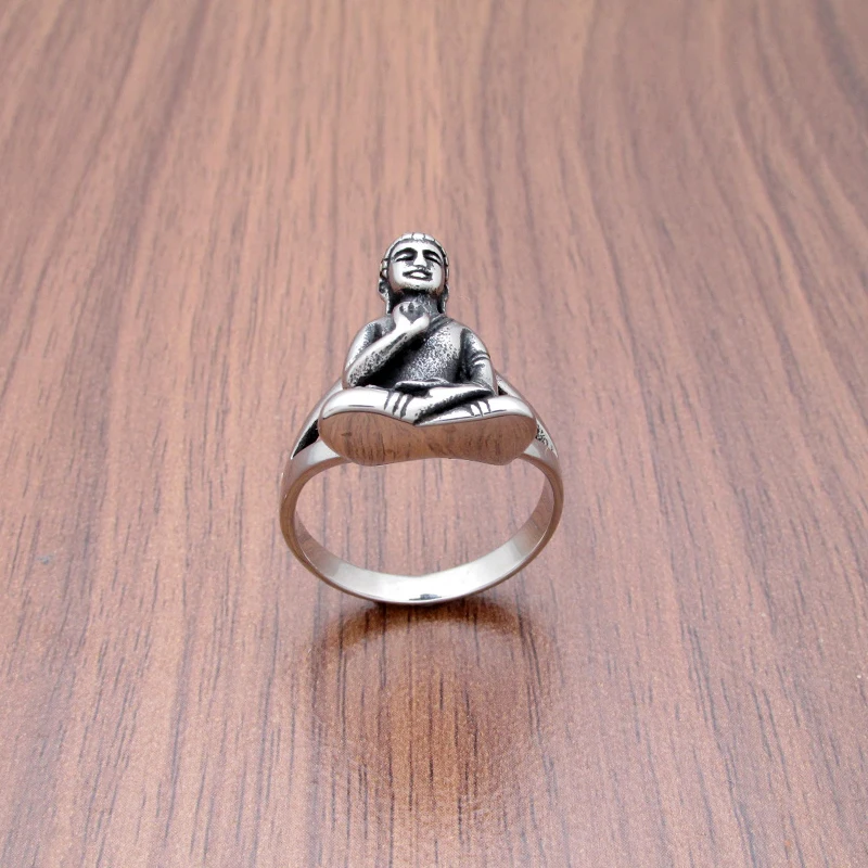 Punk  316L Stainless Steel Classical Buddhism Solemn Buddha Statue Metal Amulet Ring Jewelry