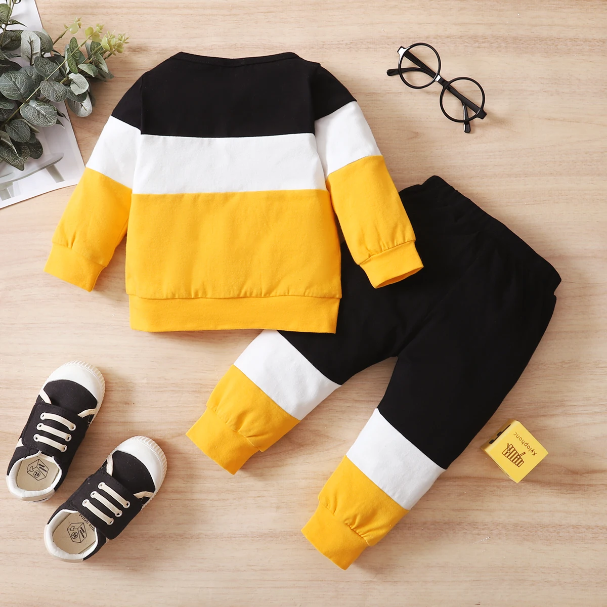 Mannelijke Baby Set Ronde Hals Kleur Geblokkeerde Lange Mouw + Broek 2 Stks/set 0-24 Maanden Mannelijke Baby Herfst Stijl Set