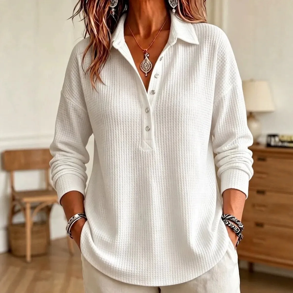 Button Front Loose Fit Shirt Midi Length Japanese Korean Casual with Turn Down Collar Long Sleeve Slightly Stretchy Women Blouse