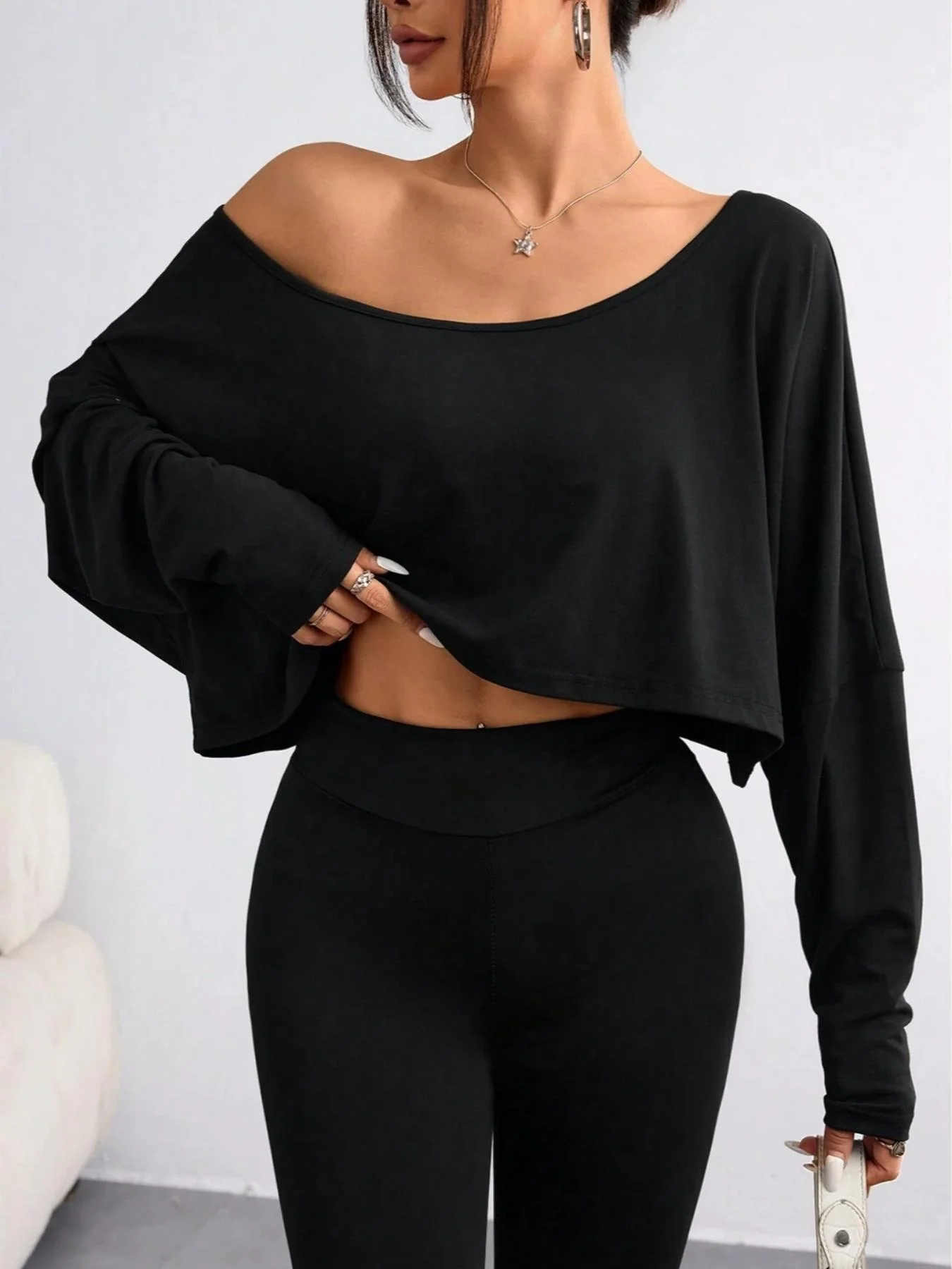 Plus Size 1XL-5XL Women's Fashion Off Shoulder Asymmetric Collar Long Sleeve Casual T-shirt Two Piece Set
