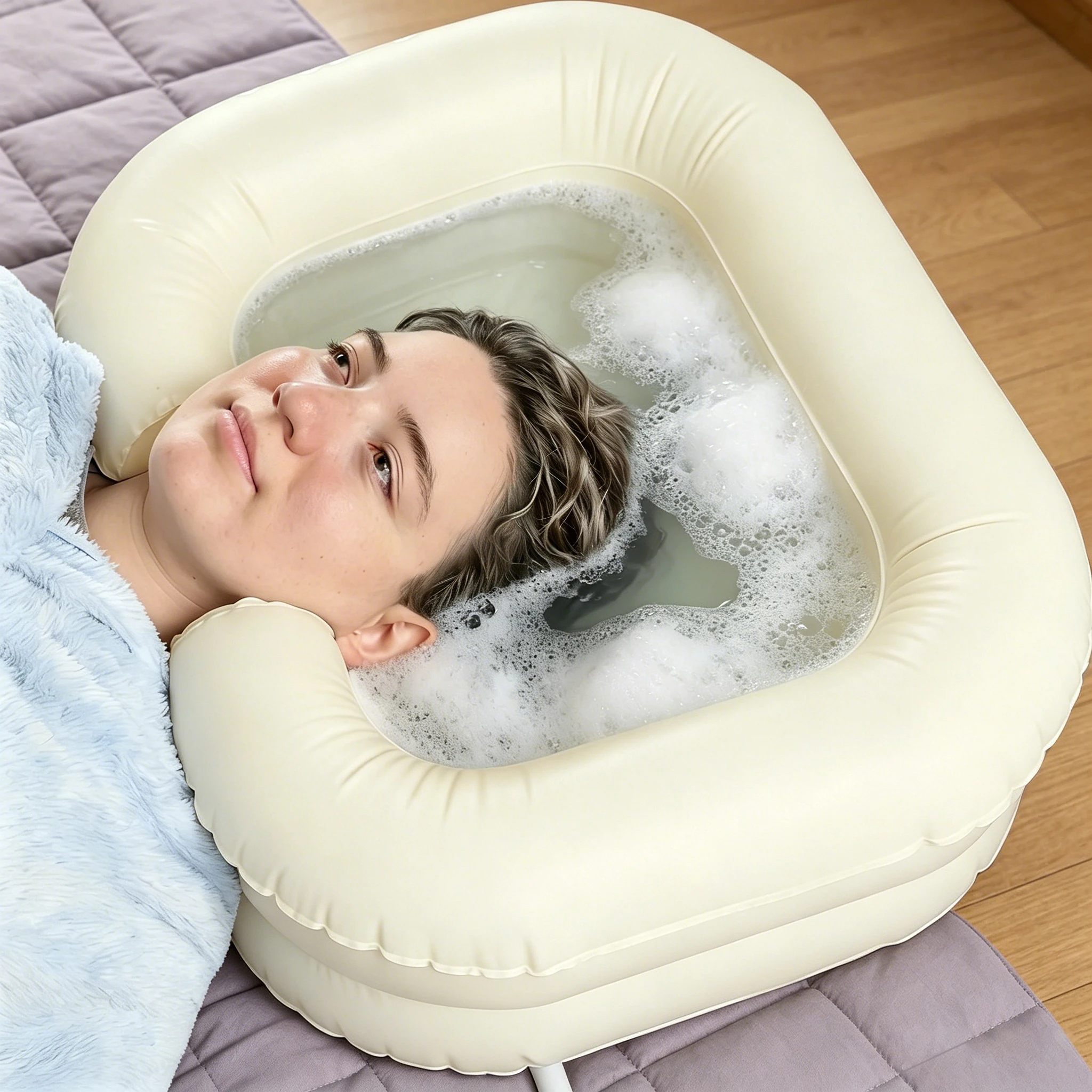 Beige Inflatable Shampoo Basin, Stain Resistant Ergonomic Neck Support Hair Washing Bowl for Bedridden Elderly Disabled