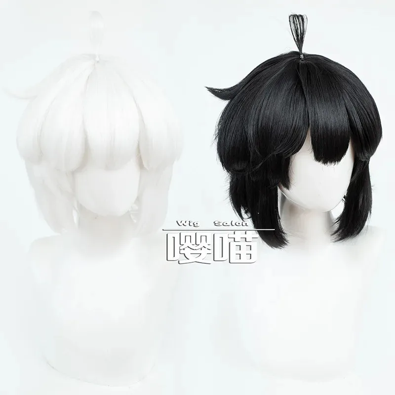 CyLuo Xiaohei Hei أنيمي أسطورة LUOXIAOHEI تأثيري أسود أبيض شعر مستعار الدعامة الشعر القصير القط كوس هدايا حفلات الهالوين كرنفال