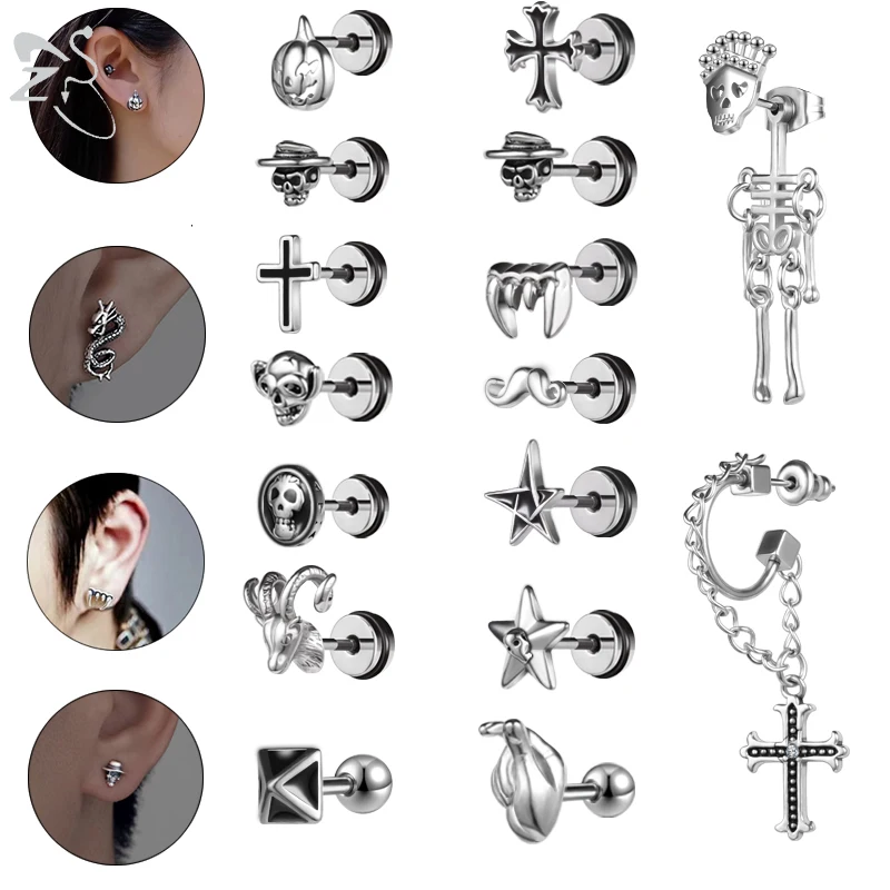 

ZS 1PC Stainless Steel Stud Earring Punk Rock Cross Earring For Men Gothic Skeleton Finger Tragus Helix Piercing Jewelry 16G