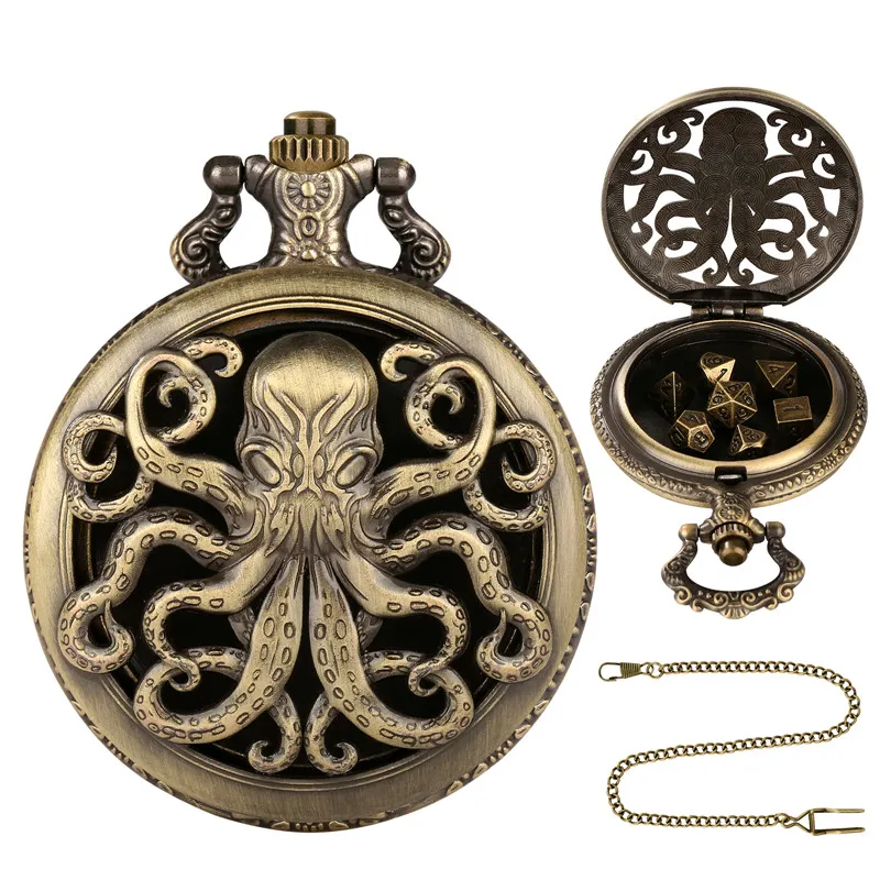 

7pcs/set Metal Polyhedral Dice Set with Hollow Octopus Pocket Watch Case Fob Chain Gaming Dices Accessory for Role Play