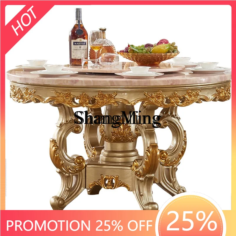 

FG Round Dining Table Home Villa Furniture Luxury OakSolid Wood Natural Marble Dining Table and Chair Set Dining Table