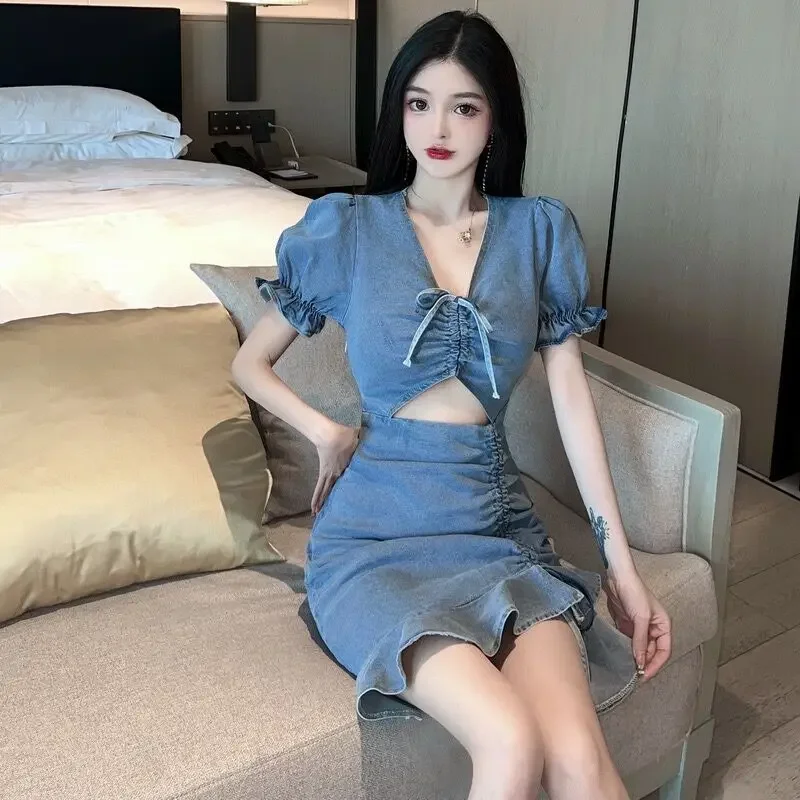 Bodycon Corset Tight Female Dress Short Sleeve Mini Ruffle Women's Dresses Designer Clothing Y2k Elastic Elegant Luxury Trendy