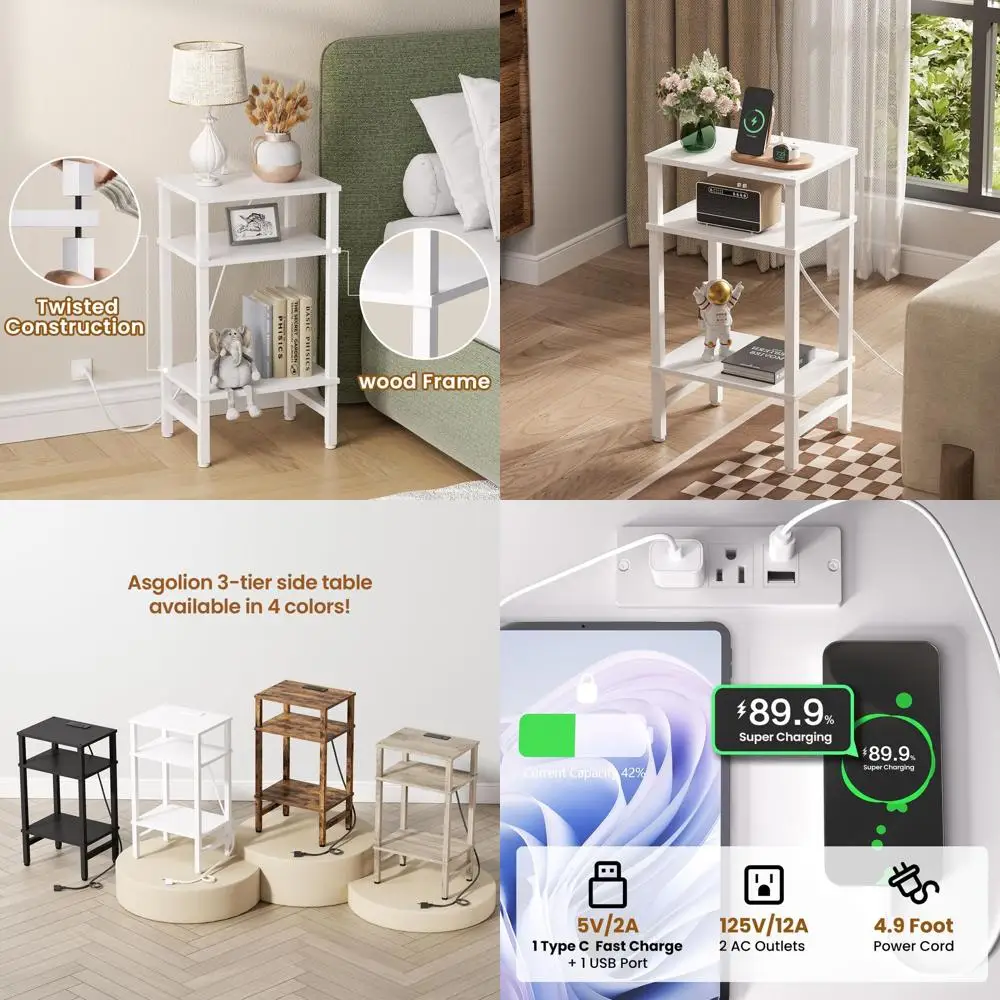 

3-уровневый столик для хранения вещей с быстрым зарядным устройством, тонкая тумбочка с USB и Type-C, компактный приставной столик для различных помещений белого цвета