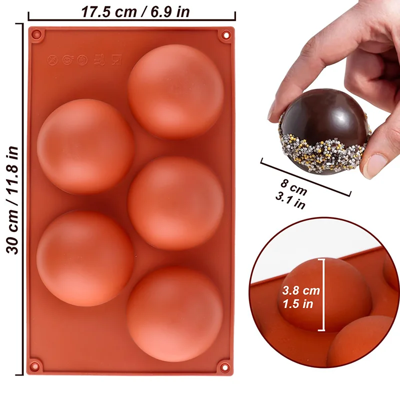 Extra Large 5-Cavity Semi Sphere Silicone Molds Half Sphere Baking Mold Non-Stick for Making Big Size Hot Chocolate Mould