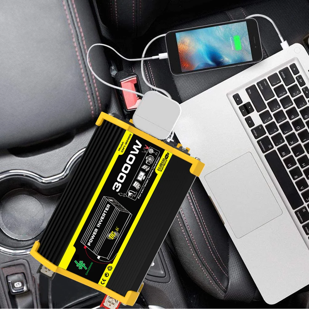 

Автомобильный инвертор 3000 Вт, DC 12В в AC 110/220В, с двумя USB-портами, интеллектуальный преобразователь питания, модифицированная синусоида, для iPad и телефонов