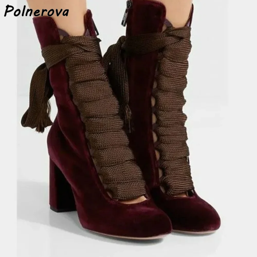 

Burgundy Brown Lace Up Boots Round Toe Square Heels Leisure Elegant Retro Shoes Women's Minimalism 2025 Ankle Band Short Boots