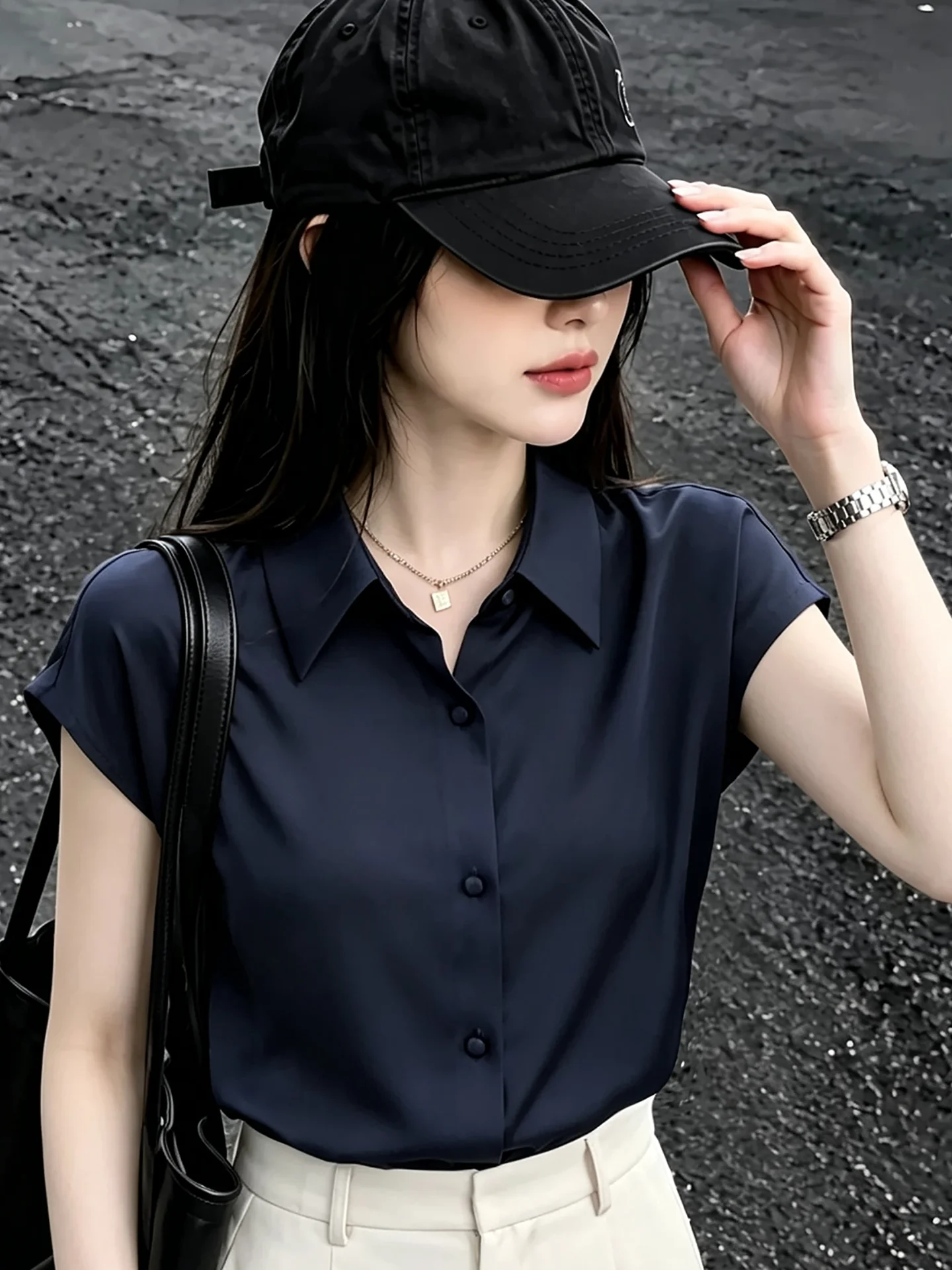 Elegant Short Sleeve Satin Shirt Women's Professional Commute Appropriate Minimalist Dark Blue Shirt Versatile Fashionable Top