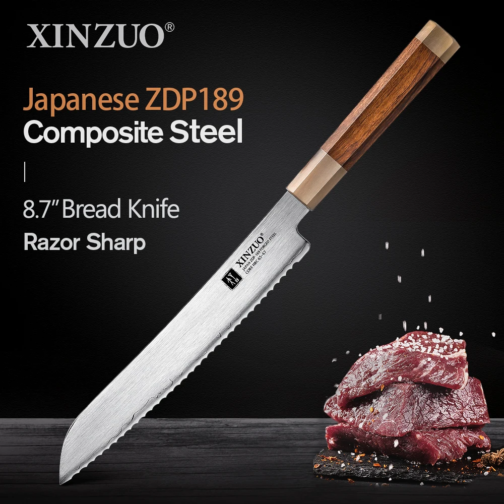 XINZUO 8.7'' inch Bread Knife Japanese ZDP189 Composite Steel Kitchen Knives 65-67 HRC Cake Knife Kitchen Cooking Tools