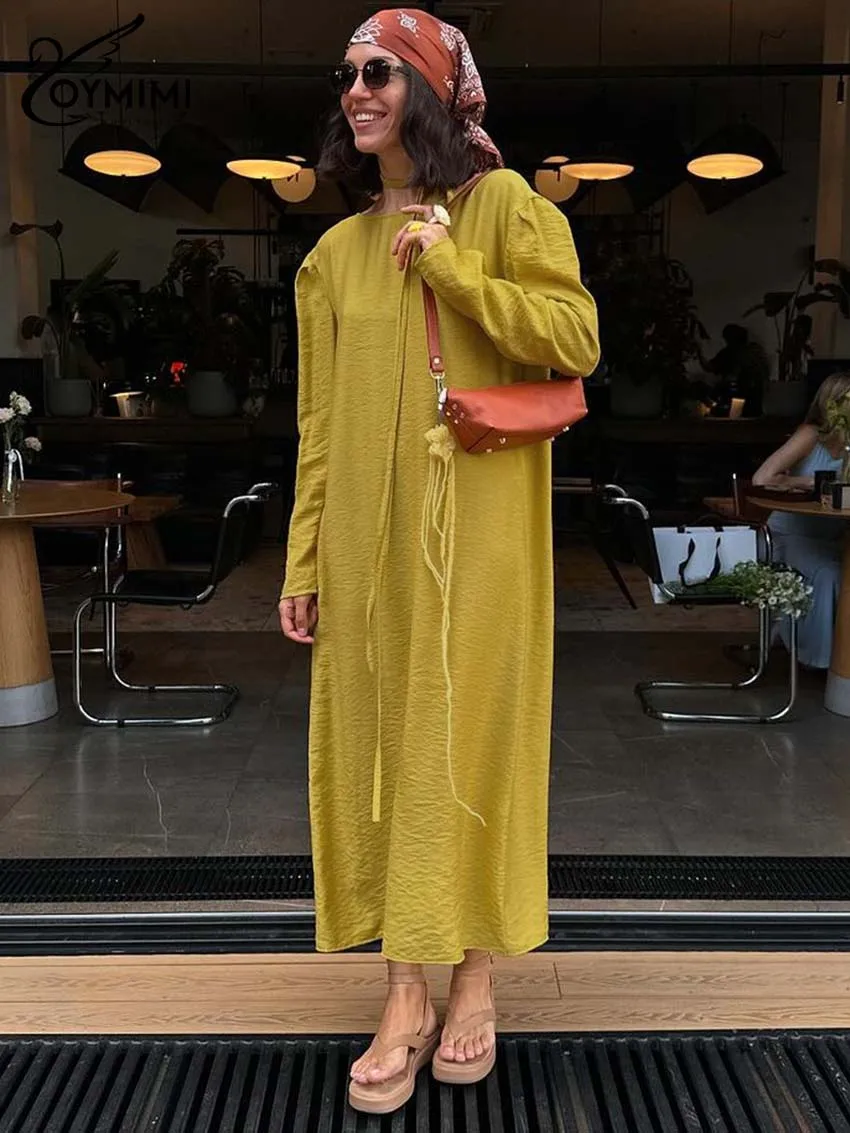 

Oymimi Fashion Yellow Loose Dresses 2025 Woman Elegant O-Neck Long Sleeve Solid Dresses Casual Straight Mid-Calf Dress Female