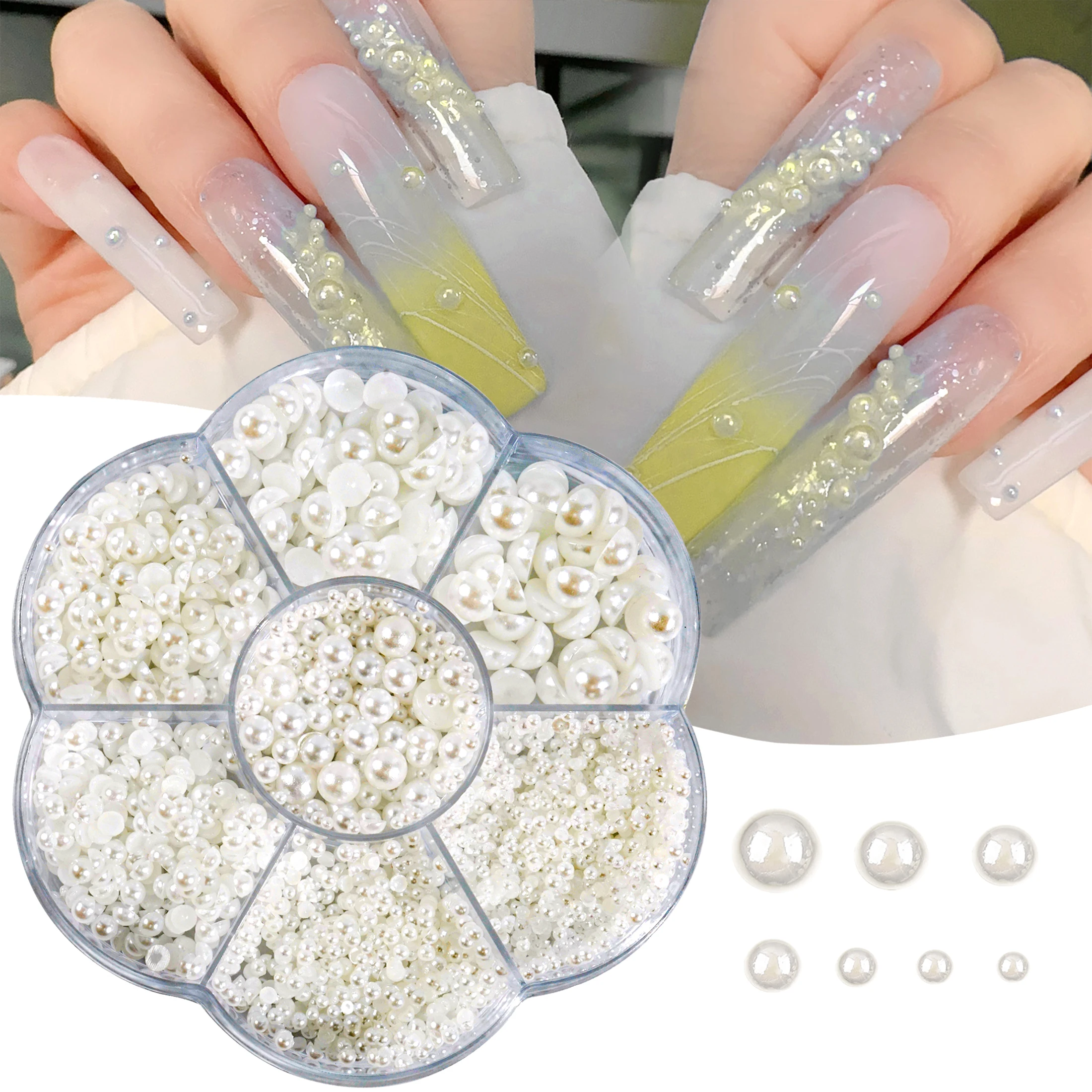 Caja de perlas 3D para manicura, abalorios de diamantes de imitación blancos, varios tamaños, decoración artística de uñas, 1 caja