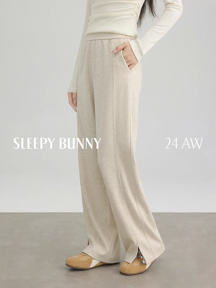 

Winter High Waist Fleece Lined Knit Wide Leg Pants Women Casual Relaxed Fit Soft Draped Fabric Petite Friendly Lounge Trousers