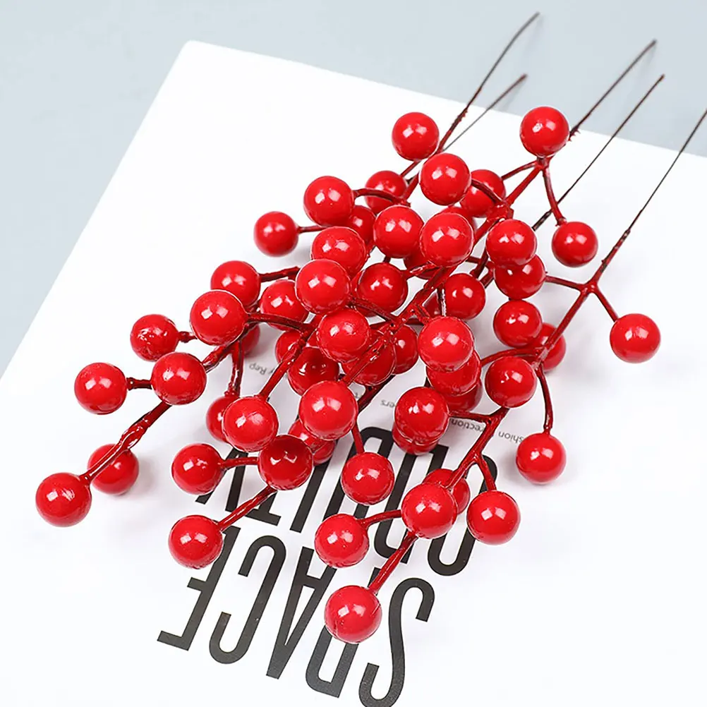 

30pcs Simulated Branches Christmas Red Picks Diy Fake Wreath Stem Decoration For Xmas Wedding Party Artificial Red Berry Stems