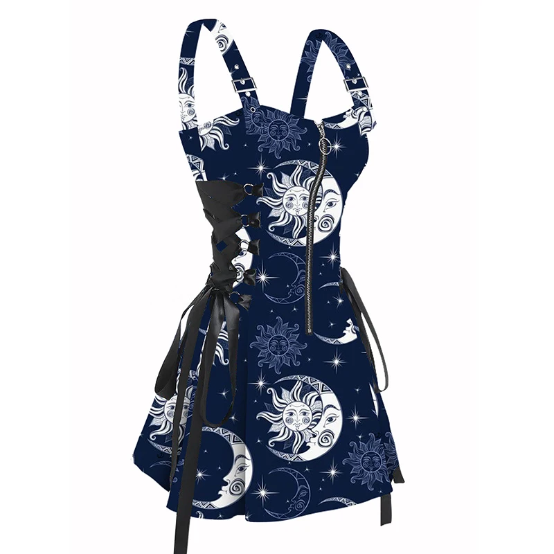 

Dressfo 2025 женское платье на шнуровке с принтом небесного солнца и луны, регулируемая пряжка, плечевой ремень, мини-платье на молнии