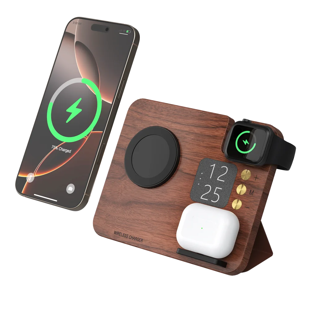 2025 New Arrivals Multifunctional Wooden Docking Holder 3 in 1 Magnetic Wireless Charger Station Phone Holder for iPhone