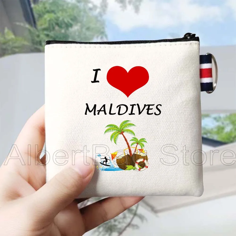 Summer Beach Holiday Maldives Maldivian Flag Map Gifts Canvas Coin Purse Bag Small Square Wallet Key Storage Card Bag Zip Pouch