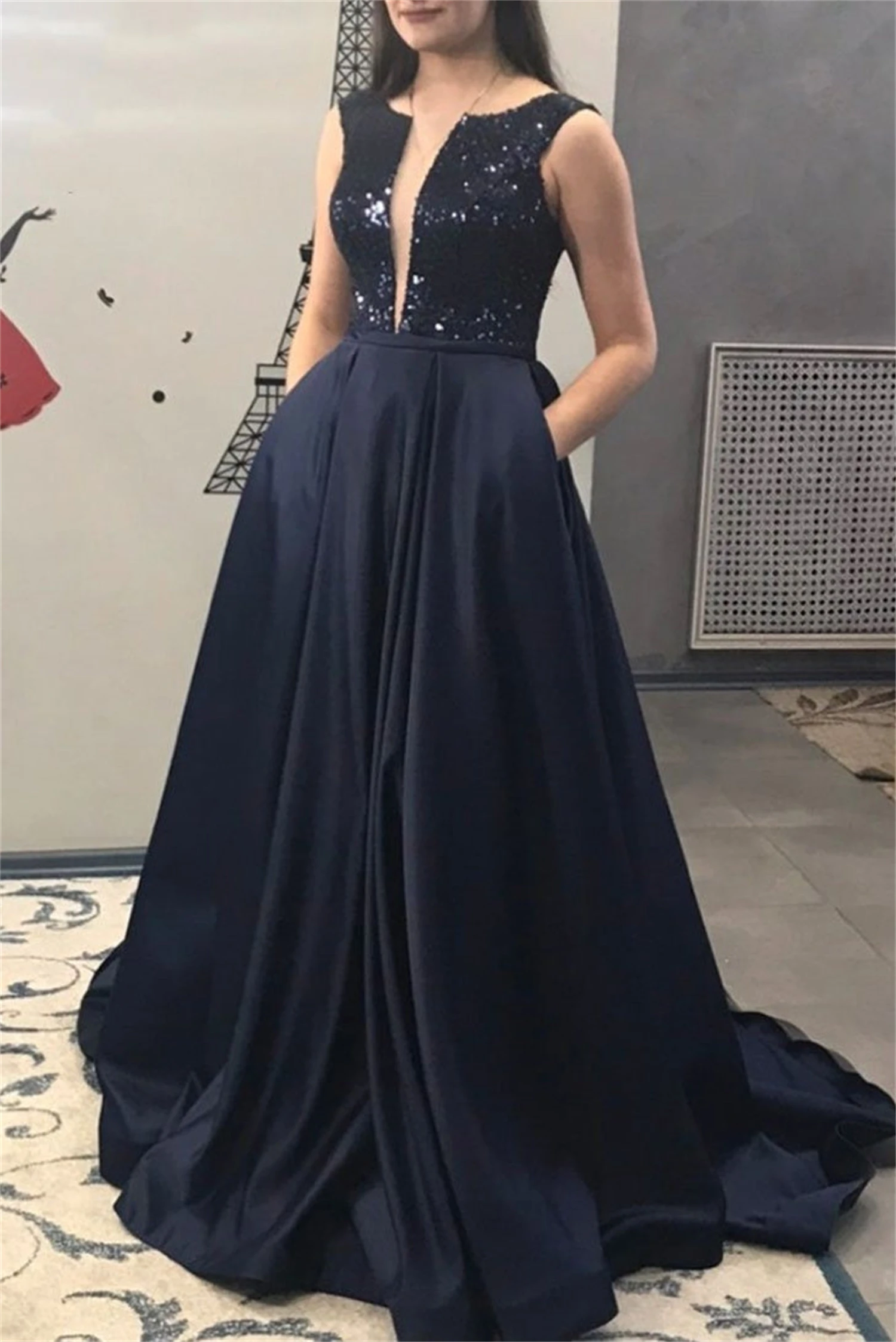 Aileen Sequins Formal Occasion Dresses for Prom Black Long Luxury Evening Dresses for Women 2024 Satin Grace Pocket Female Dress