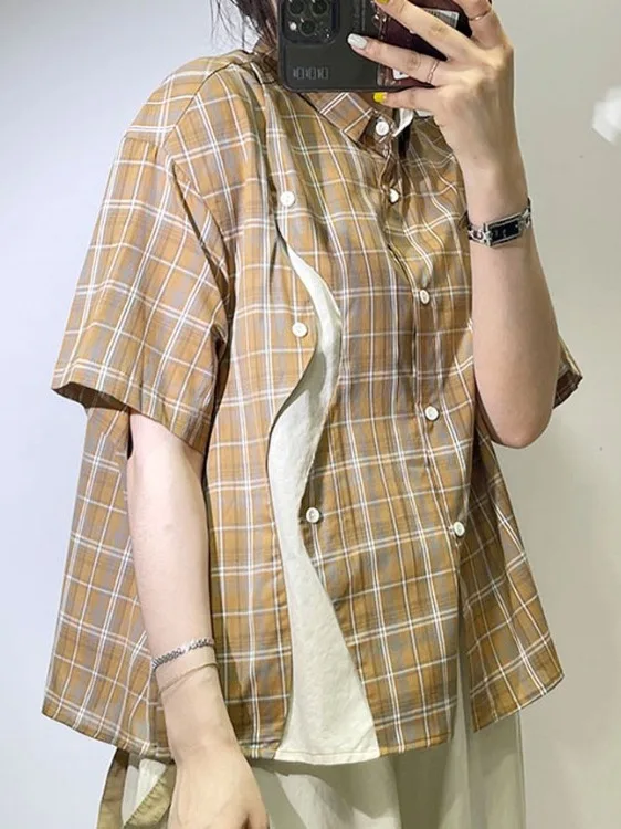 

Women Patchwork Plaid Shirts and Blouses Y2k Vintage Korean Harajuku Fashion 90s Elegant Short Sleeve Polo-Neck Shirt Top