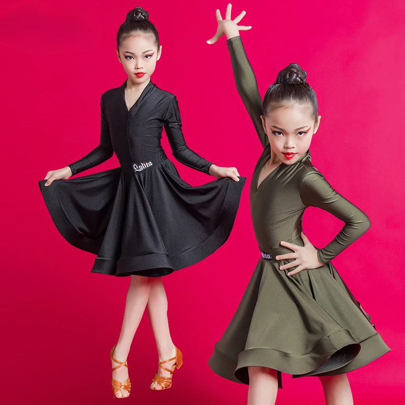 Children Professional Dance Outfits Elegant Long Sleeve Latin American Dance Dress Girls Practice Skirt Dancewear Stage Costume