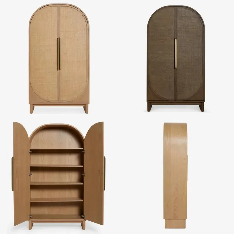 Vaulted Solid Wood Wardrobe with Retro Brass Handle Japanese   Large Capacity Bedroom Locker