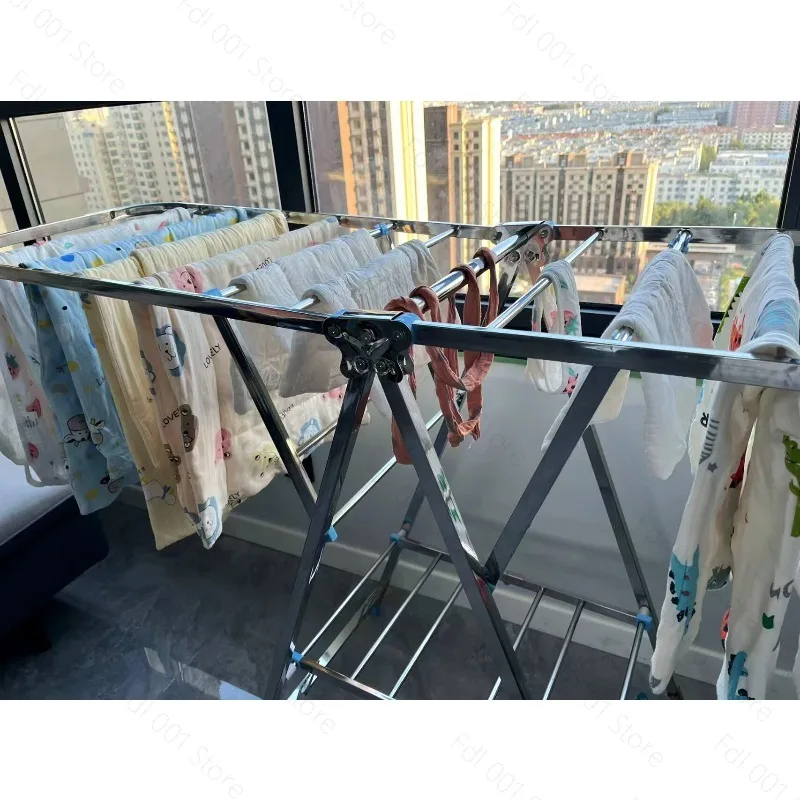 Stainless Steel Floor Drying Rack Foldable Design - Indoor Outdoor Clothes Drying Pole for Balcony Blanket Airing