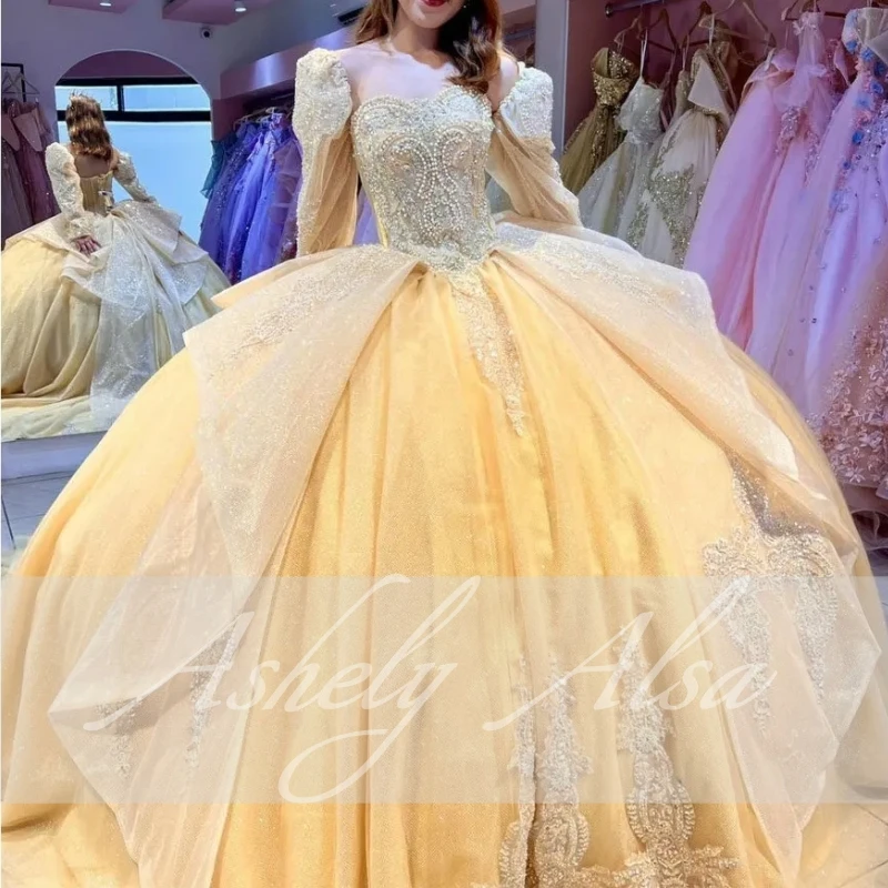 Shinny Gold Yellow Sweet 15 16 Girl Quinceanera Jurken Off Shoulder Kralen Applique Bow Ball Jurk Verjaardagsfeestjurk Prom 14