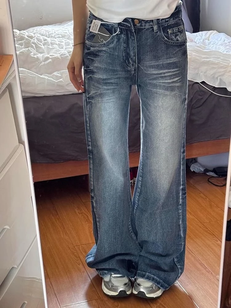 

HOUZHOU Vintage Blue Classic Women Flared Jeans Washed Distressed American Style Straight Denim Trousers Baggy Casual Pants