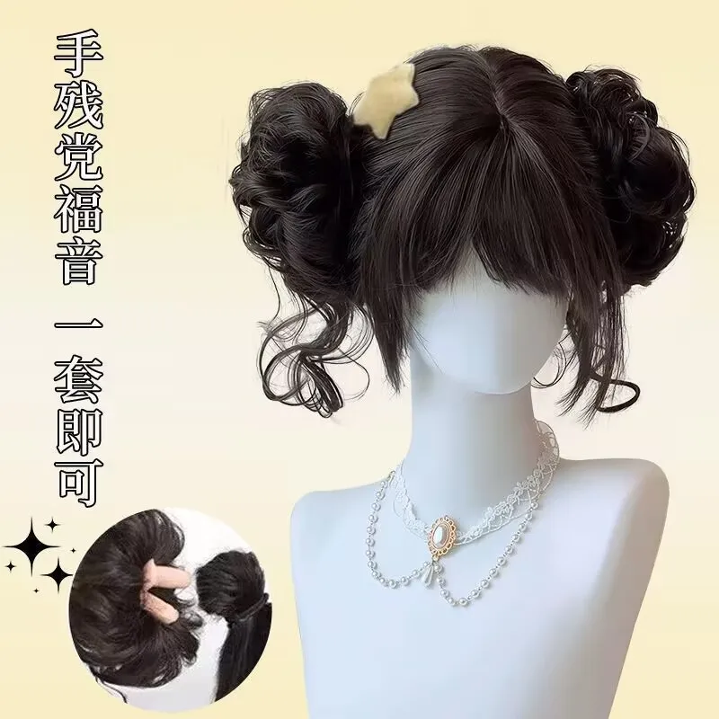 Moños dobles con bigotes de dragón, peinado de capullo de flor lolita de niña JK, peluca Lolita natural y esponjosa, capullo de peluca dulce