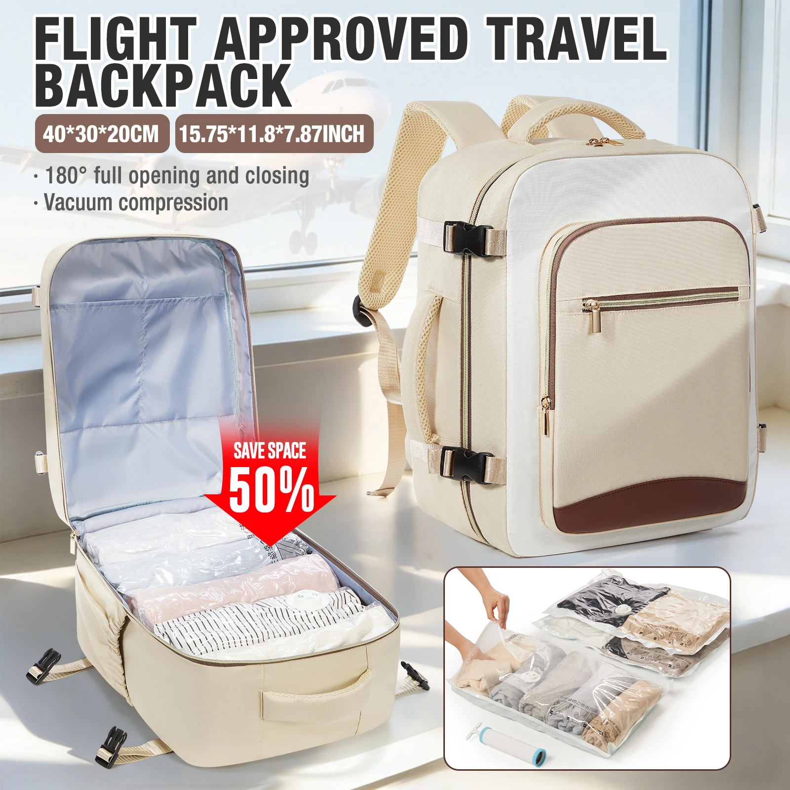 

Ryanair Cabin Bag 40x30x20 Travel Backpack,EasyJet Wizzair Hand Luggage Backpack with Vacuum Storage Bag Laptop College Backpack