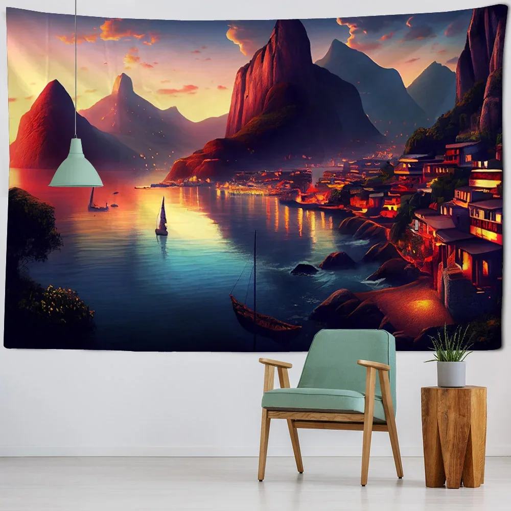 Dreamy Sea View Tapestry Wall Hanging Retro Hippie Home Background Wall Poster Used for Living Room and Dormitory Decoration