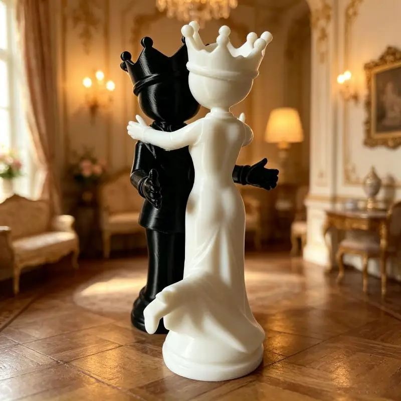 (New)Creative 3D Printed Chess King And Queen Statue Home Decor Funny Desktop Ornaments Couple Gift
