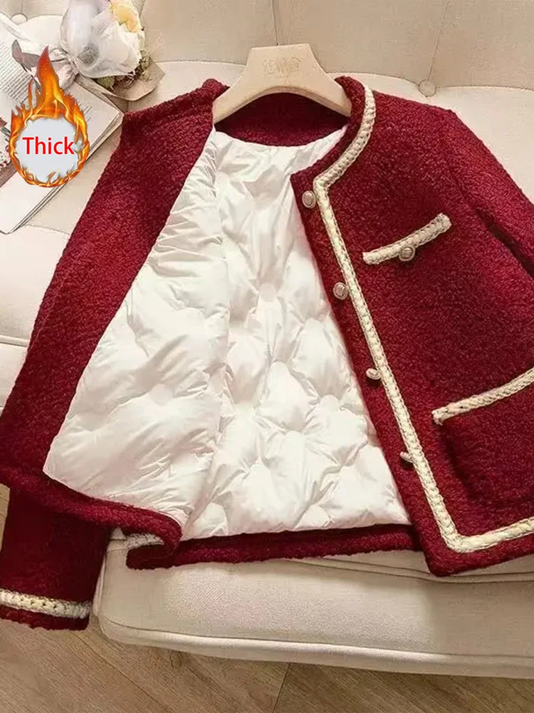 

Christmas Red Thick Tweed Jacket Women Vintage Long Sleeve Sweet Elegant Coat Korean Casual Winter Warm Female O Neck Outwear