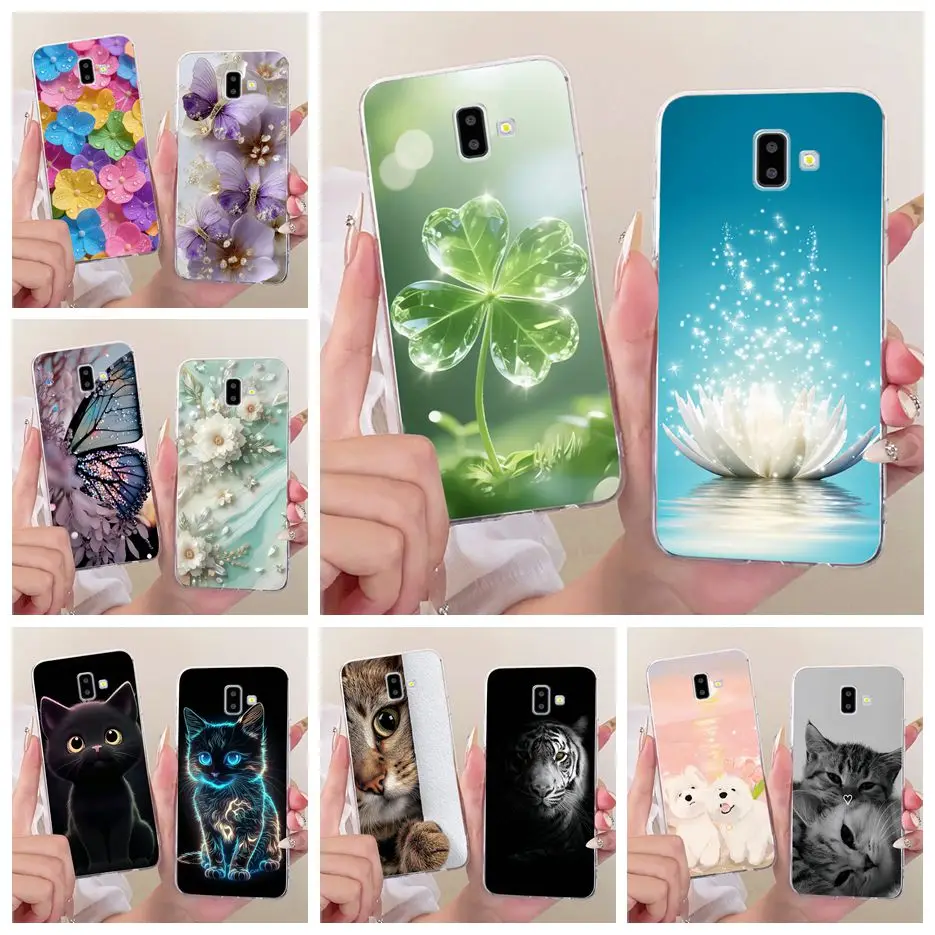 For Samsung Galaxy J6 Plus Case SM-J610F Luxury Clover Lotus Painted Cover Soft Silicone Case For Samsung J6 2018 J600F J6+ Bags