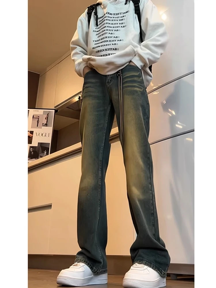 

Мужские джинсы прямого кроя в стиле ретро, синие, из денима, молодежные, модные, с высокой талией, на молнии, износостойкие, в американском стиле, весенние