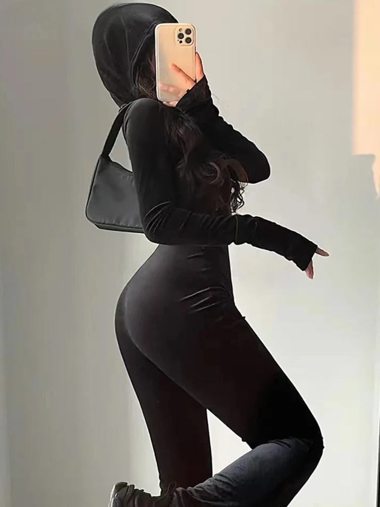 Black Rompers Women Flare Pants Autumn Winter Clothes Slim Zipper Overall Fashion Streetwear Long Sleeve Velvet Hooded Jumpsuits