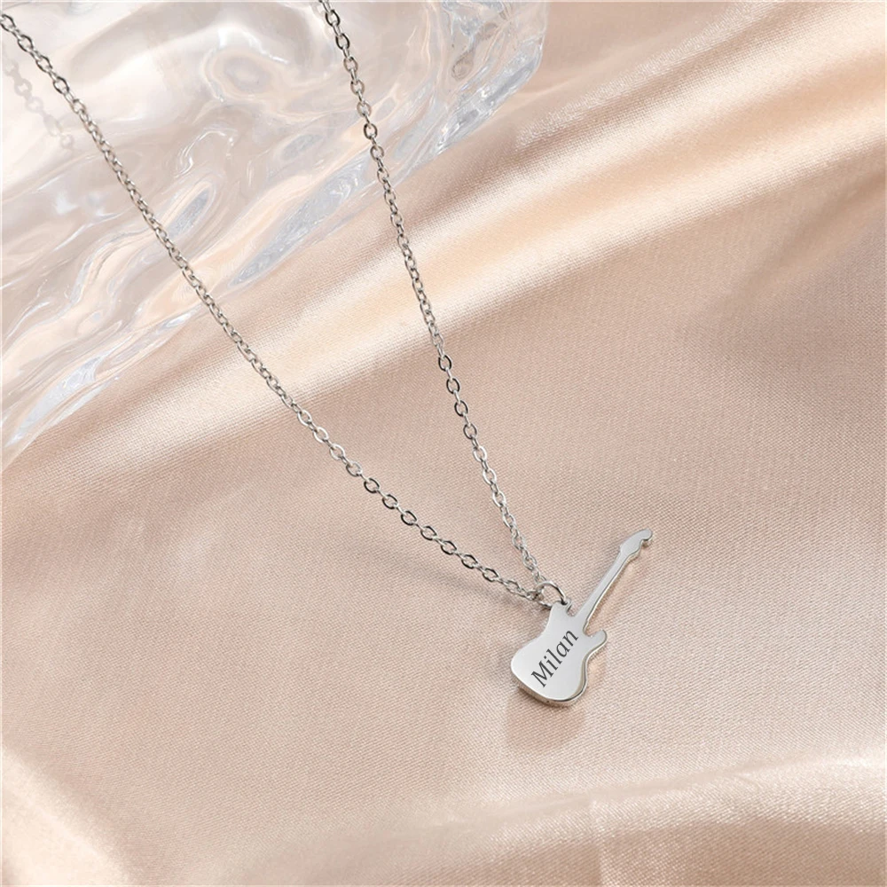 Personalized Engrave Name Guitar Pendant Necklace for Women Girls Stainless Steel Customized Name Guitar Necklace Jewelry Gift