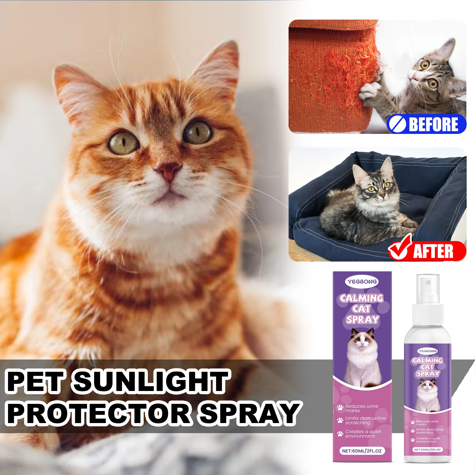 YEGBONG رذاذ مهدئ للقطط 60 مللي رذاذ تنظيم سلوك الحيوانات الأليفة حماية الأثاث السائل تخفيف رد فعل الإجهاد للكلاب والقطط رذاذ #1