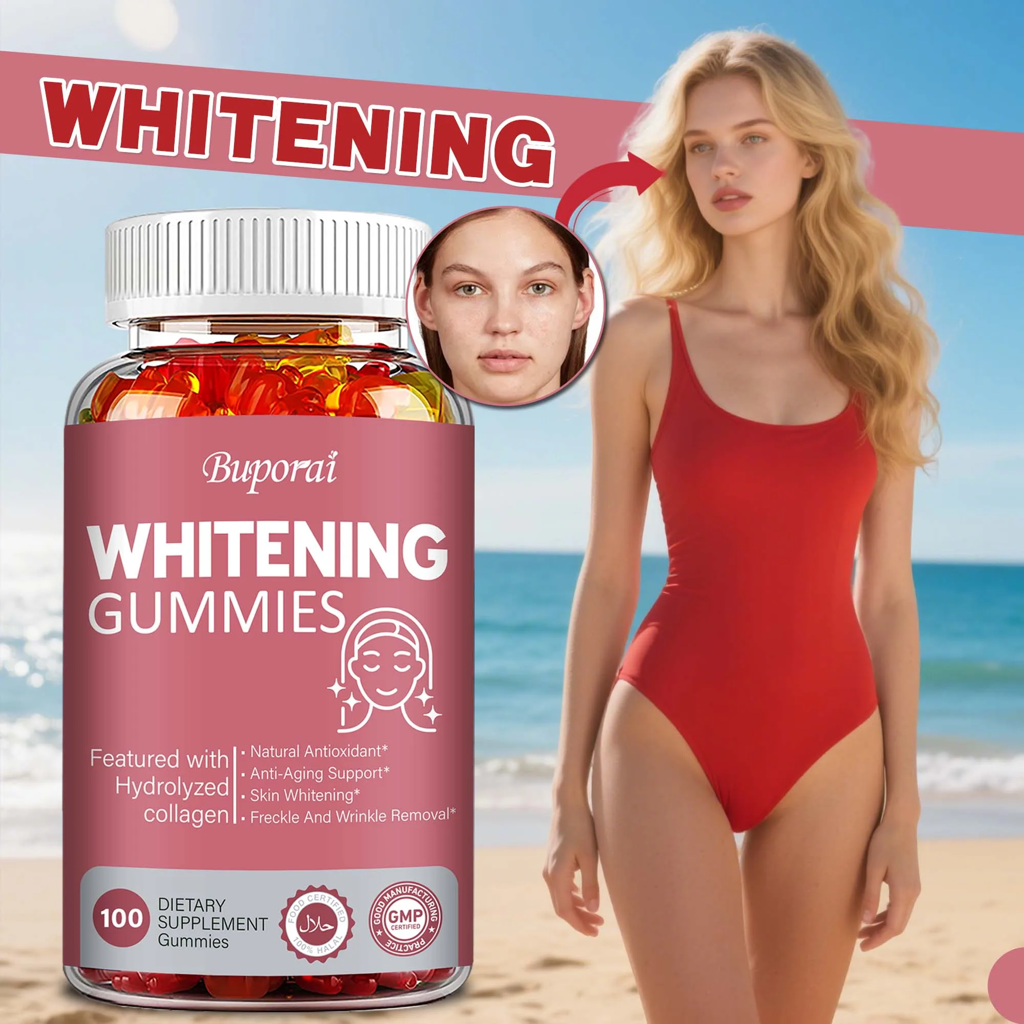 

Whitening Gummies - Anti-aging, Lighten Spots, Anti-oxidation, Helps Brighten Skin Tone, Whiten, Enhance Immunity, Non-GMO