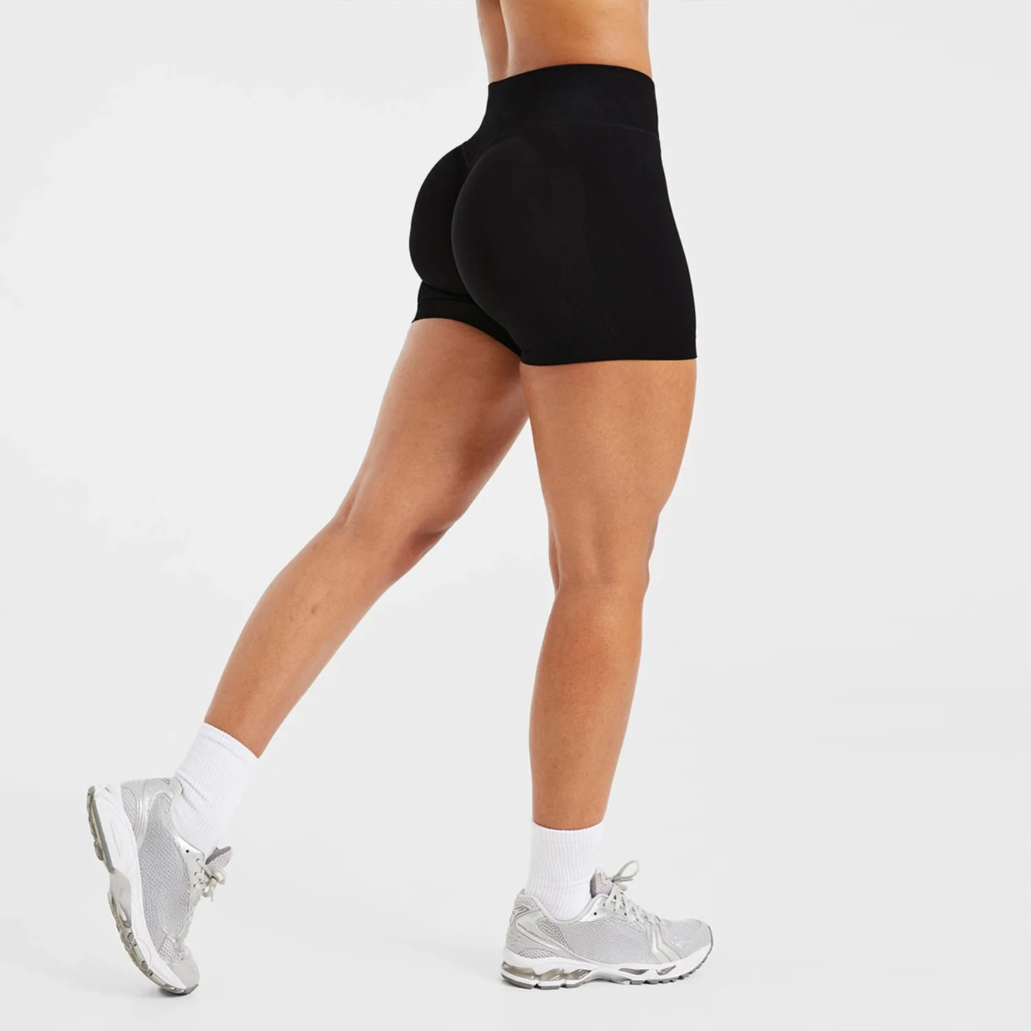 กางเกงขาสั้นออกกำลังกายผู้หญิงไร้ตะเข็บ สีพื้น ผ้าถัก เอวสูง กระชับสะโพก ระบายอากาศได้ดี กางเกงกีฬา ฟิตเนส วิ่ง เลกกิ้ง