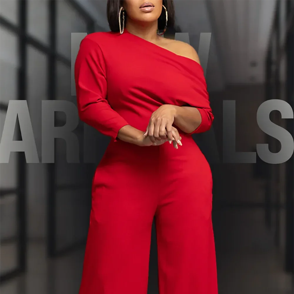 Plus Size Business Casual Jumpsuit Red Solid Color Slope Neck Wide Leg Jumpsuit