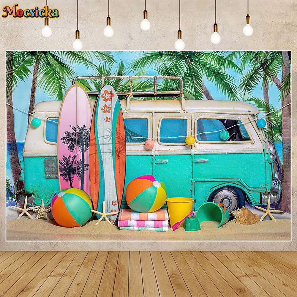 

Mocsicka Summer Sand Beach Surfboard Photography Backdrops Surfing Car Palm Tree Children Portrait Background Photo Studio Props