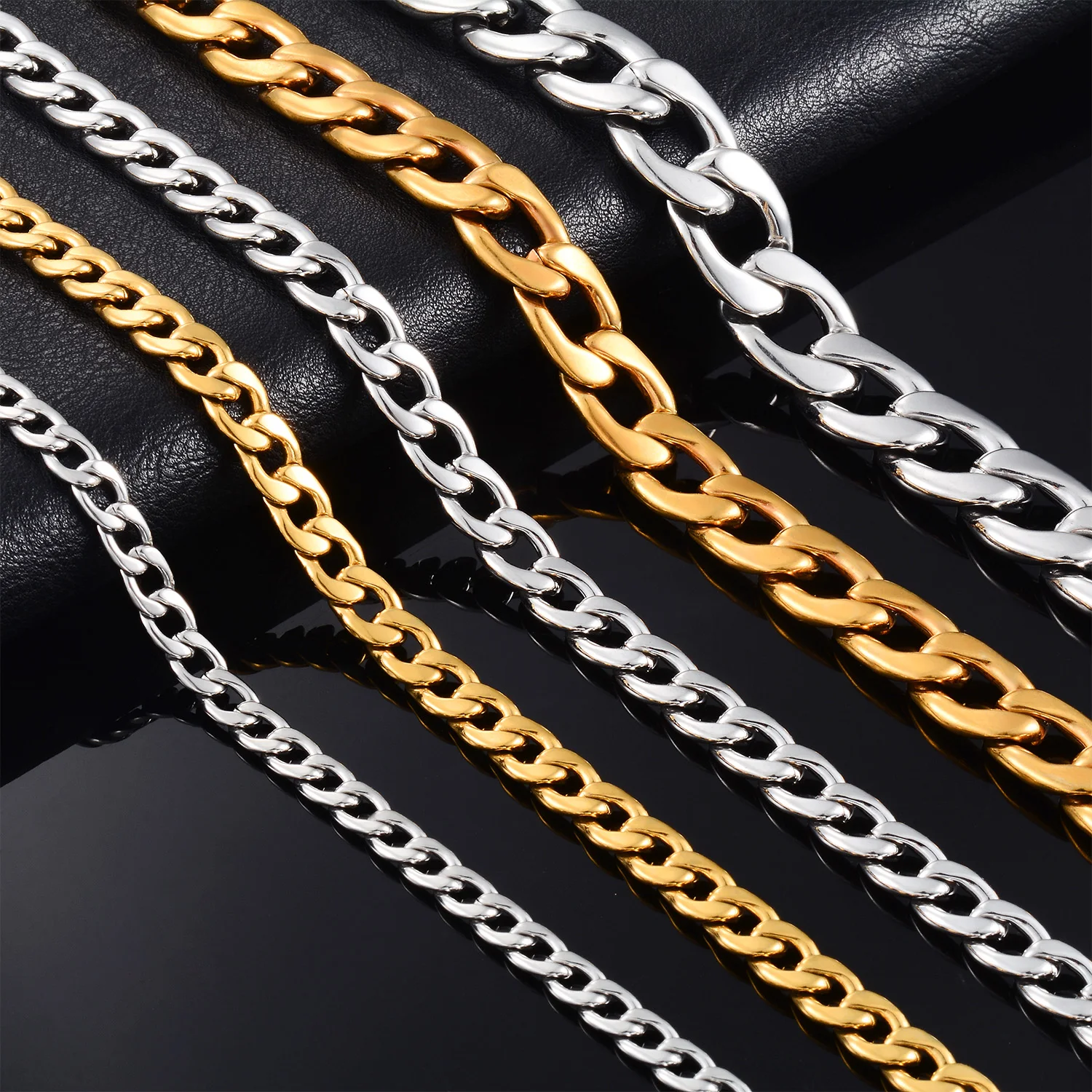 Figaro-Kette, Rostfreier Stahl, 4-11,5MM, 18K Vergoldet, Silberfarbene Gliederkette für Männer, Frauen und Jungen – Detail 1